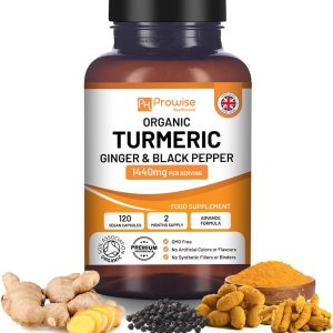 Organic Turmeric Capsules High Strength 1440mg | 120 Capsules with Black Pepper, Ginger & Active Ingredient Curcumin (2 Month Supply)