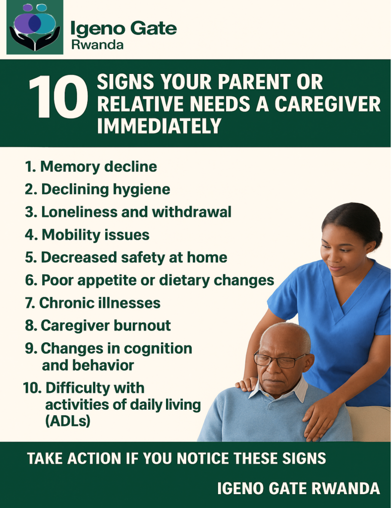 “Igeno Gate Rwanda infographic showing key signs that a parent or relative needs immediate caregiving support."
