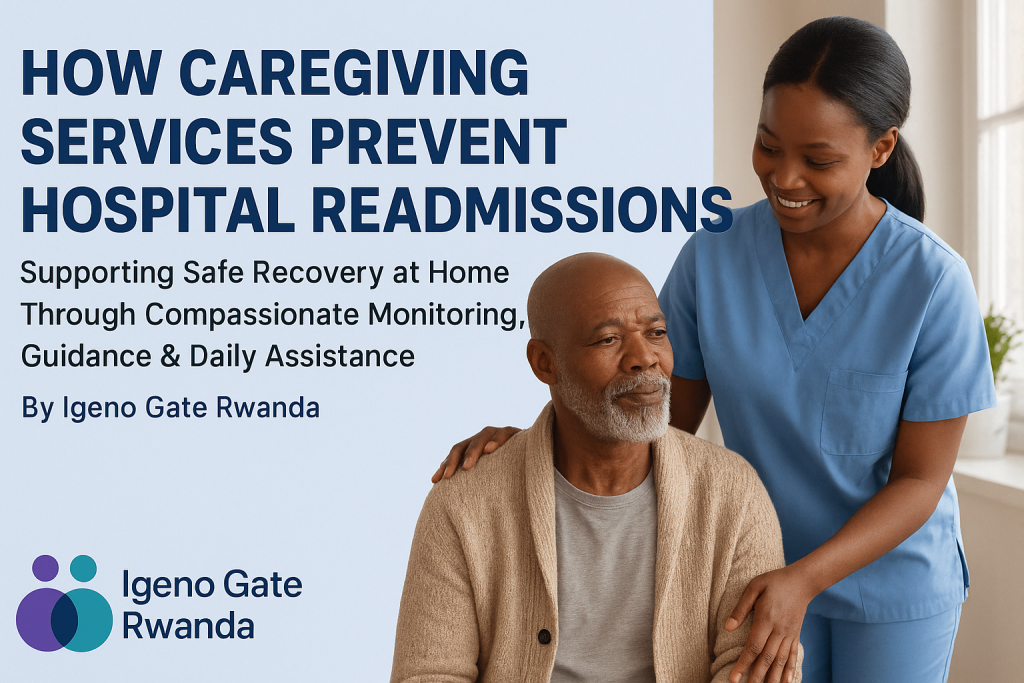A professional caregiver in blue scrubs supporting an elderly man at home, symbolizing safe recovery and reduced hospital readmissions, with the title “How Caregiving Services Prevent Hospital Readmissions” and the Igeno Gate Rwanda logo.