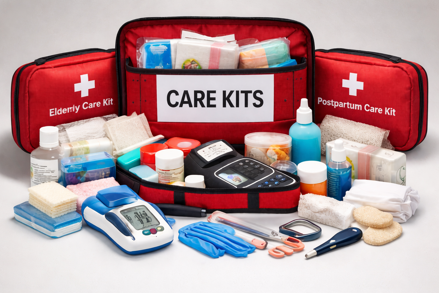 Care kits containing essential medical and caregiving supplies such as blood pressure monitor, thermometer, hygiene items, gloves, and daily care essentials for home use.