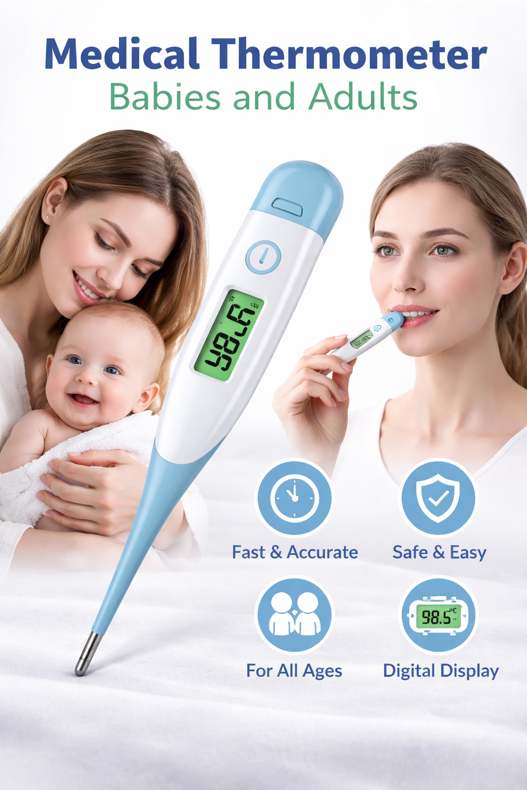 Digital medical thermometer for babies and adults, showing safe and accurate temperature measurement for all ages