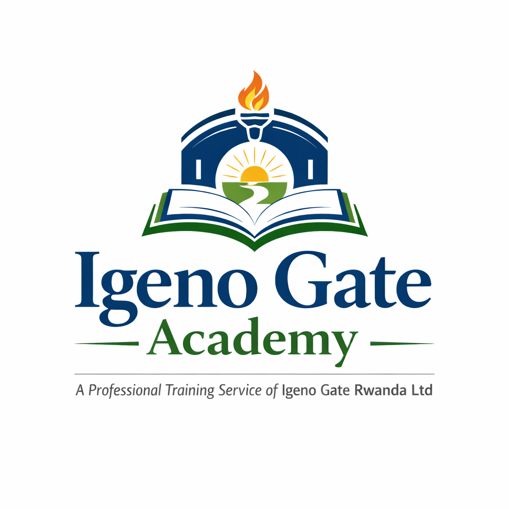 Igeno Gate Academy logo featuring an open book beneath a symbolic gate and torch, representing professional education and knowledge advancement, endorsed by Igeno Gate Rwanda Ltd