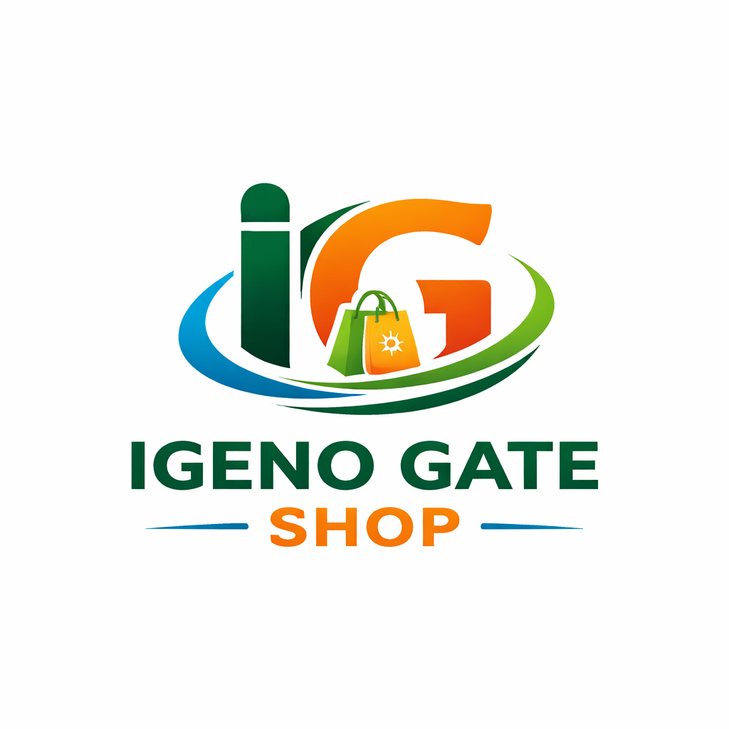 "Igeno Gate Shop logo featuring 'IG' abbreviation with green and orange gradient, shopping bag icon, and dynamic swoosh elements"