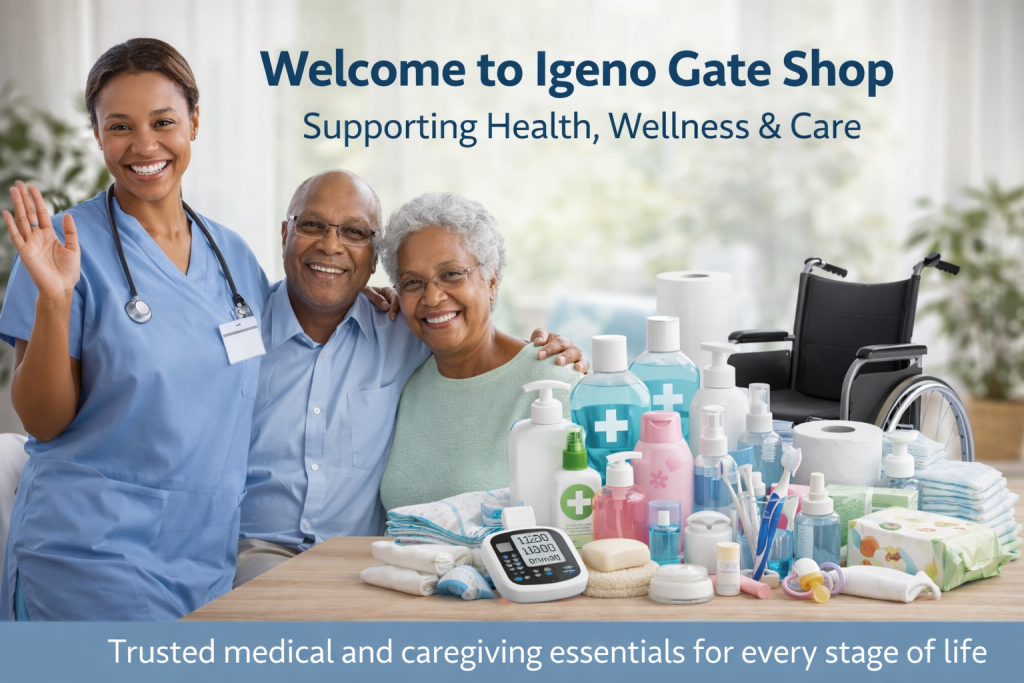 Welcoming scene at Igeno Gate Shop showing a professional caregiver, elderly couple, and essential medical and personal care products supporting home health and wellness.
