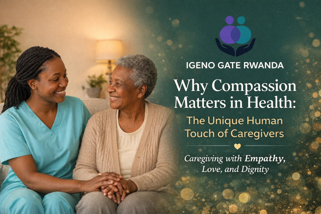Compassionate caregiver providing emotional support to an elderly woman at home in Rwanda