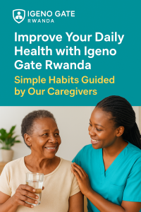 Health and wellness caregivers from Igeno Gate Rwanda guiding daily healthy habits including hydration, exercise, hygiene, and monitoring.