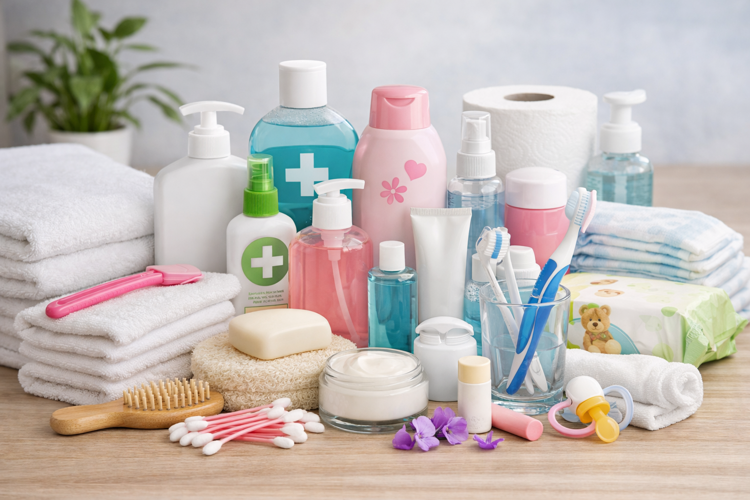 Personal care and hygiene essentials including soap, hand sanitizer, toothbrushes, towels, baby wipes, and skincare products arranged for daily home and caregiving use