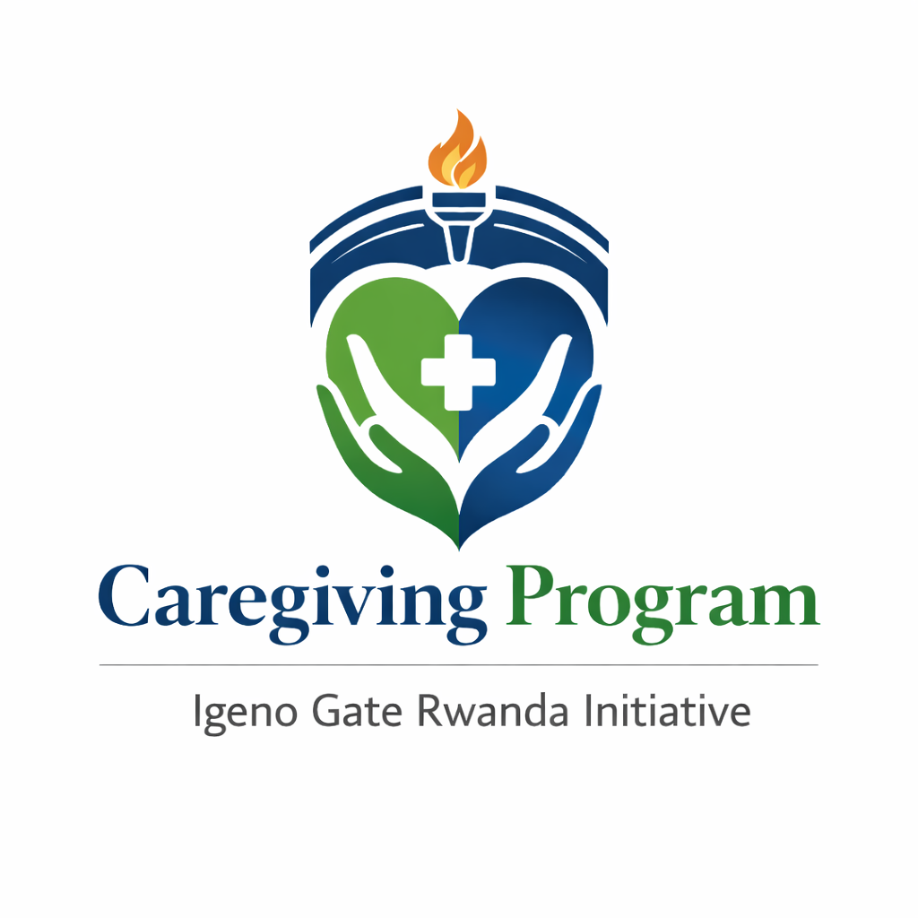 Caregiving Program logo showing caring hands forming a heart with a medical cross beneath a symbolic gate and torch, representing compassionate care by Igeno Gate Rwanda.
