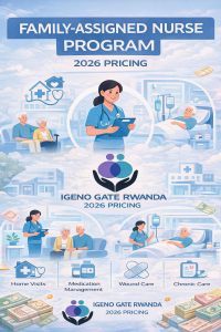 Family-Assigned Nurse Program 2026 pricing by Igeno Gate Rwanda, showing a nurse providing home and hospital care with service icons for medication management, wound care, and chronic care support.