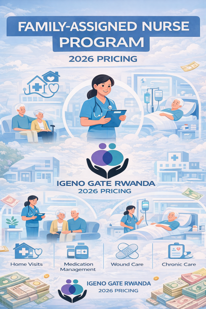 Family-Assigned Nurse Program 2026 pricing by Igeno Gate Rwanda, showing a nurse providing home and hospital care with service icons for medication management, wound care, and chronic care support.