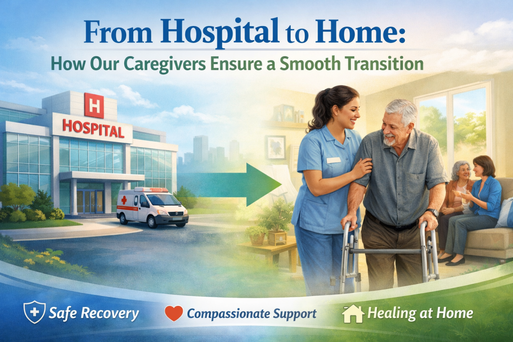 Professional caregiver assisting an elderly man with a walker at home, illustrating the transition from hospital care to safe home recovery.