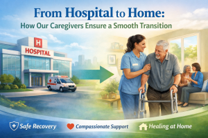 Professional caregiver assisting an elderly man with a walker at home, illustrating the transition from hospital care to safe home recovery.