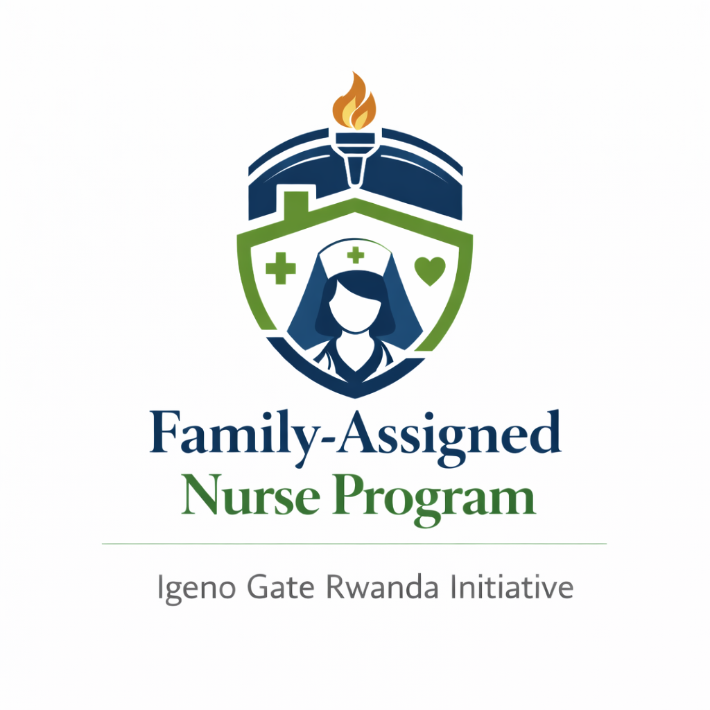 Family-Assigned Nurse Program logo featuring a protective shield and home symbol with a dedicated nurse icon, representing continuous family-based nursing care by Igeno Gate Rwanda.