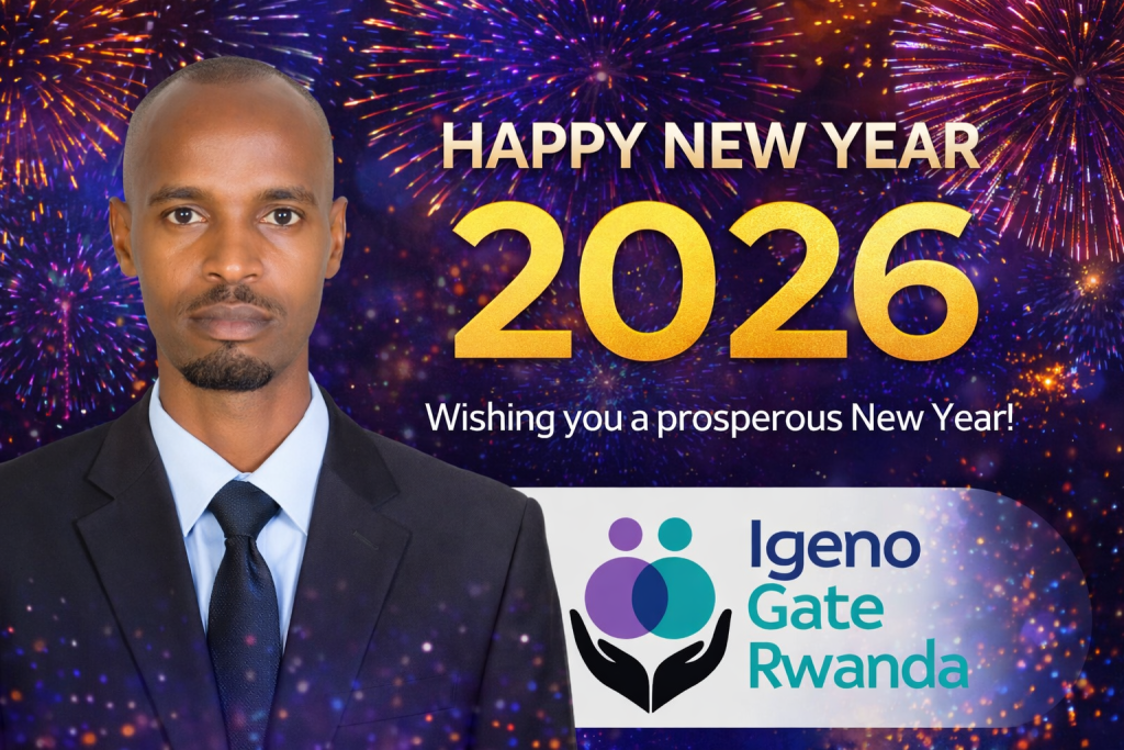 Featured New Year 2026 greeting image showing a professionally dressed company founder against a festive fireworks background, alongside the Igeno Gate Rwanda logo.