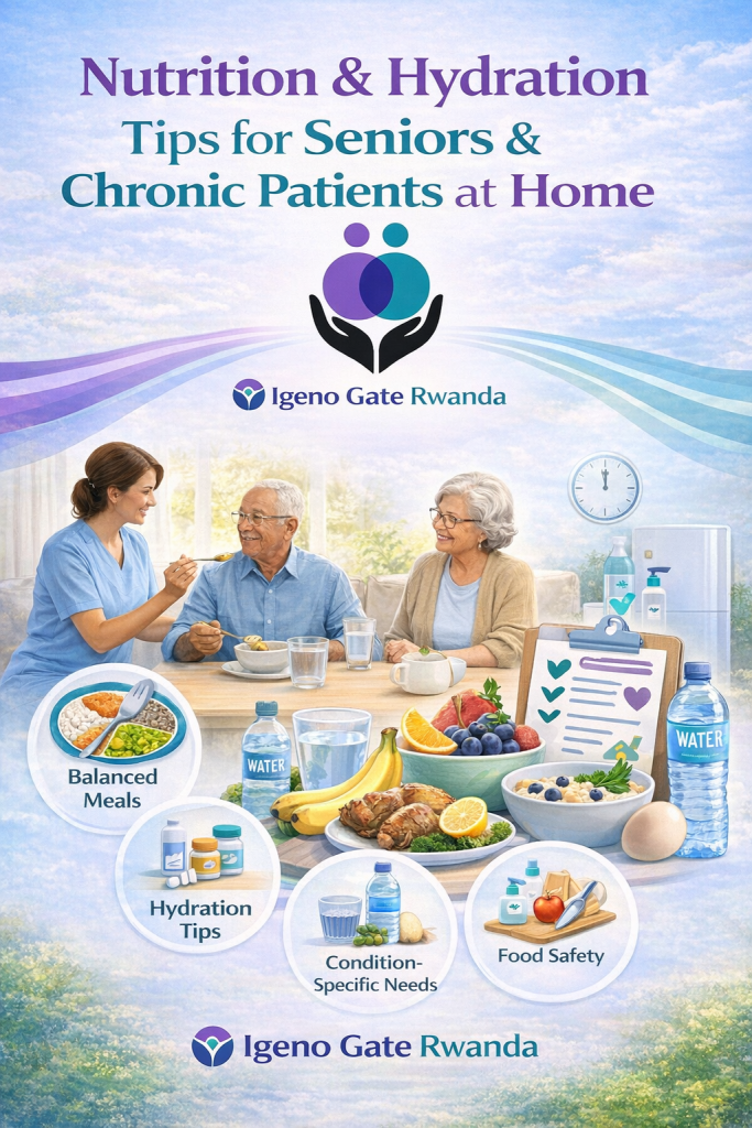 Caregiver assisting elderly couple with balanced meals and hydration at home, emphasizing nutrition, condition-specific needs, and food safety.