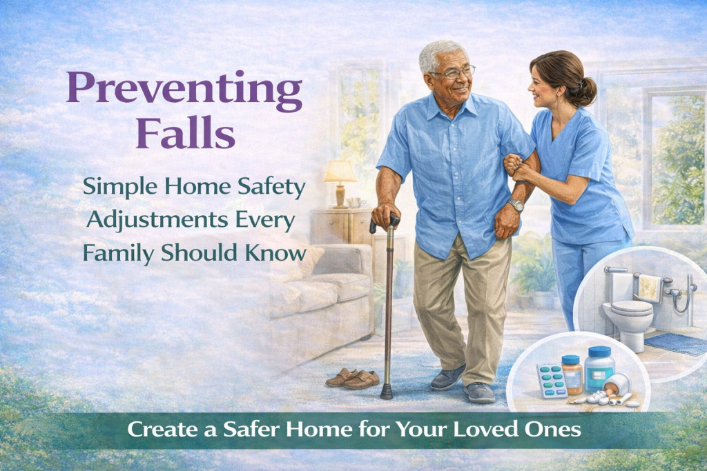 Elderly man walking safely at home with support from a professional caregiver, demonstrating fall prevention and home safety practices.