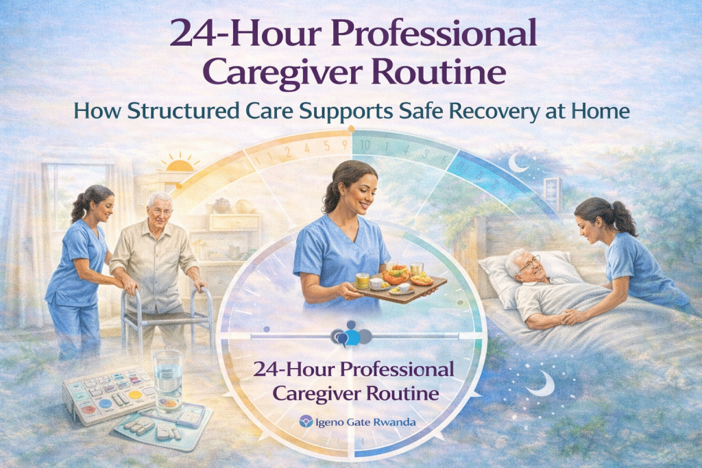 Infographic illustrating a 24-hour professional caregiver routine, showing daily home care activities such as morning hygiene support, meal preparation, medication reminders, mobility assistance, and nighttime monitoring.