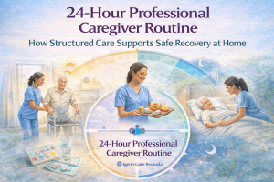 Infographic illustrating a 24-hour professional caregiver routine, showing daily home care activities such as morning hygiene support, meal preparation, medication reminders, mobility assistance, and nighttime monitoring.