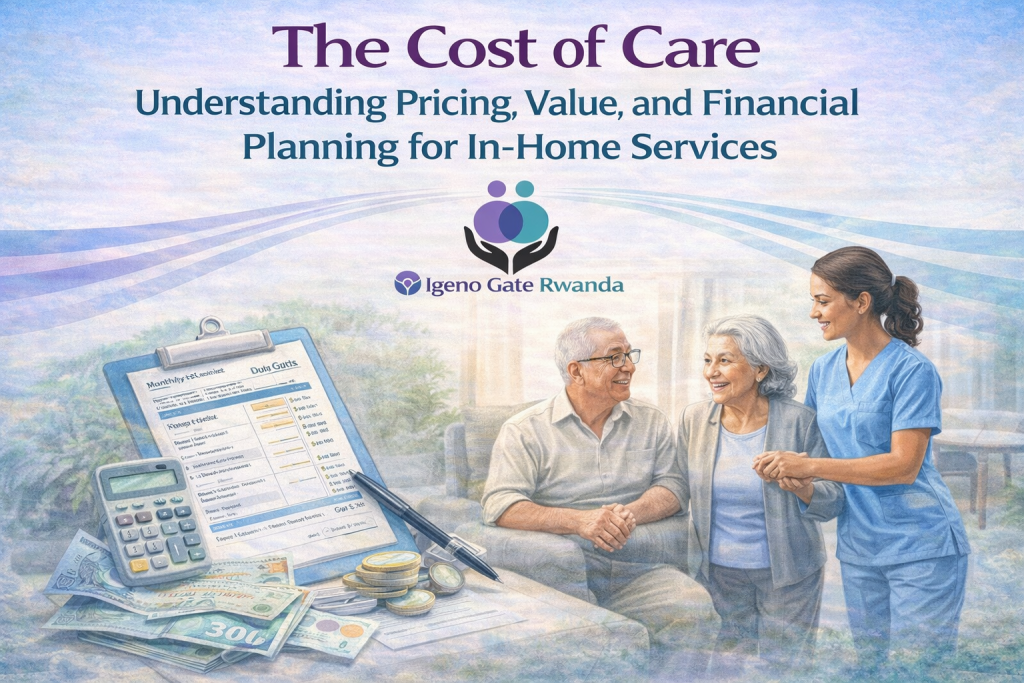 Elderly couple receiving support from a professional caregiver at home with financial planning tools, illustrating the cost and value of in-home care services.