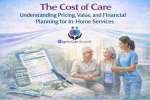 Elderly couple receiving support from a professional caregiver at home with financial planning tools, illustrating the cost and value of in-home care services.