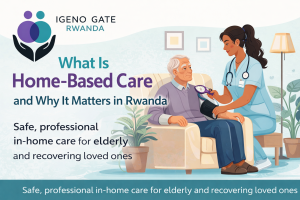 Home-based caregiver assisting an elderly patient at home in Rwanda, Igeno Gate Rwanda professional caregiving services