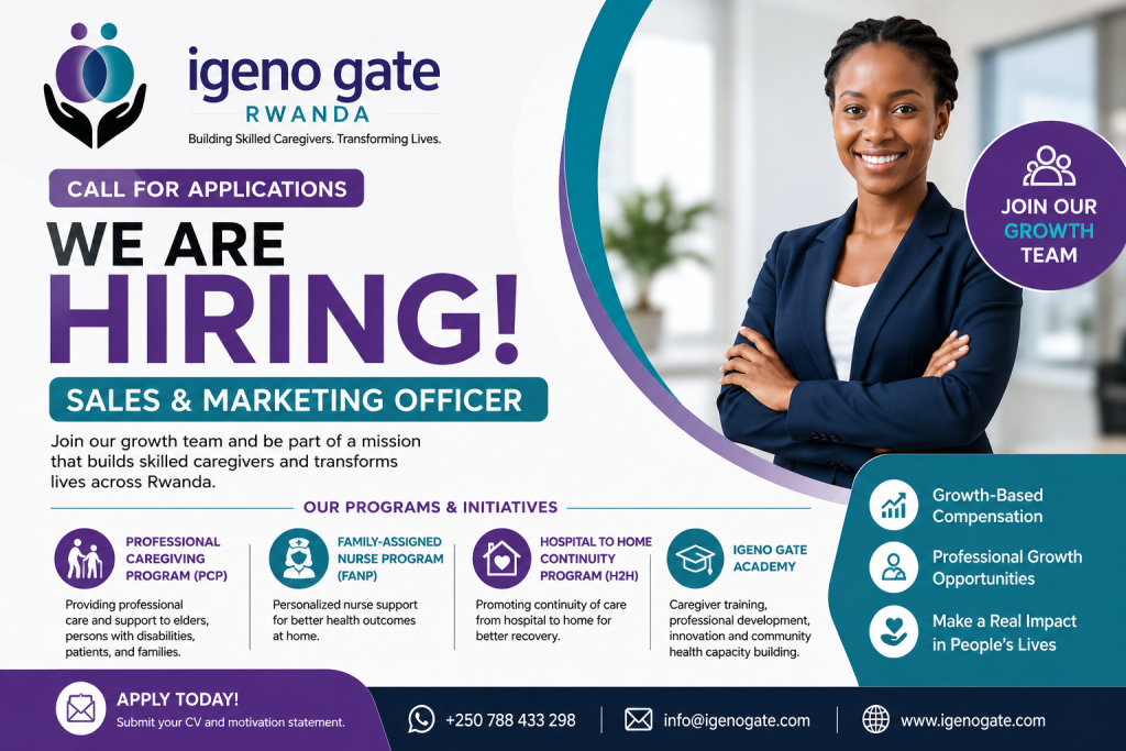 Professional recruitment banner for Igeno Gate Rwanda announcing a Sales & Marketing Officer vacancy, featuring the organization’s logo, healthcare programs, and a smiling professional candidate promoting growth opportunities in Kigali, Rwanda.