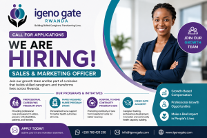 Professional recruitment banner for Igeno Gate Rwanda announcing a Sales & Marketing Officer vacancy, featuring the organization’s logo, healthcare programs, and a smiling professional candidate promoting growth opportunities in Kigali, Rwanda.