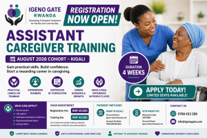 Assistant Caregiver Training registration poster by Igeno Gate Rwanda featuring the August 2026 Kigali cohort, 4-week practical caregiving course, registration and training fees, payment methods, and application information.
