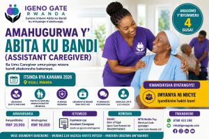 Assistant Caregiver Training registration poster by Igeno Gate Rwanda featuring the August 2026 Kigali cohort, 4-week practical caregiving course, registration and training fees, payment methods, and application information.