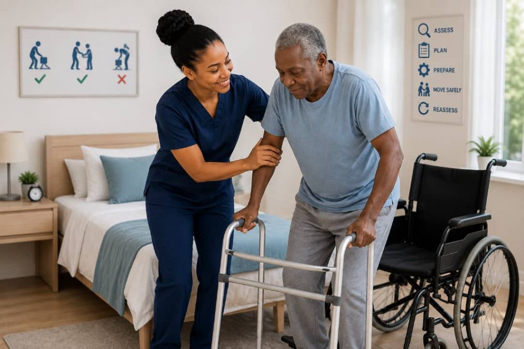 Caregiver helping an older man safely use a walking frame during practical training