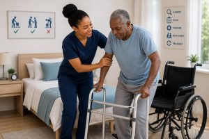 Caregiver helping an older man safely use a walking frame during practical training
