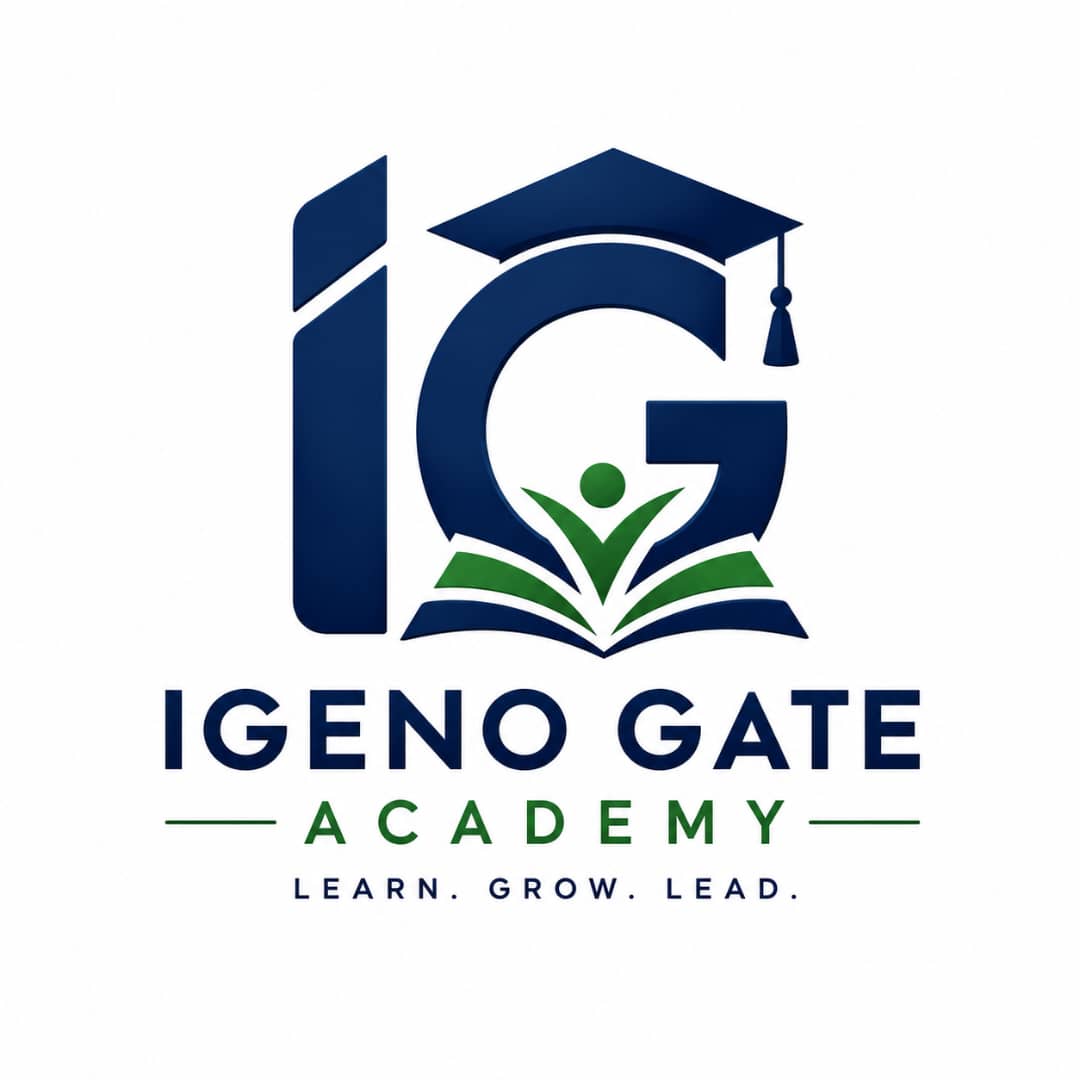 Igeno Gate Academy logo featuring a stylized “IG” symbol, graduation cap, open book, and the tagline “Learn. Grow. Lead.”