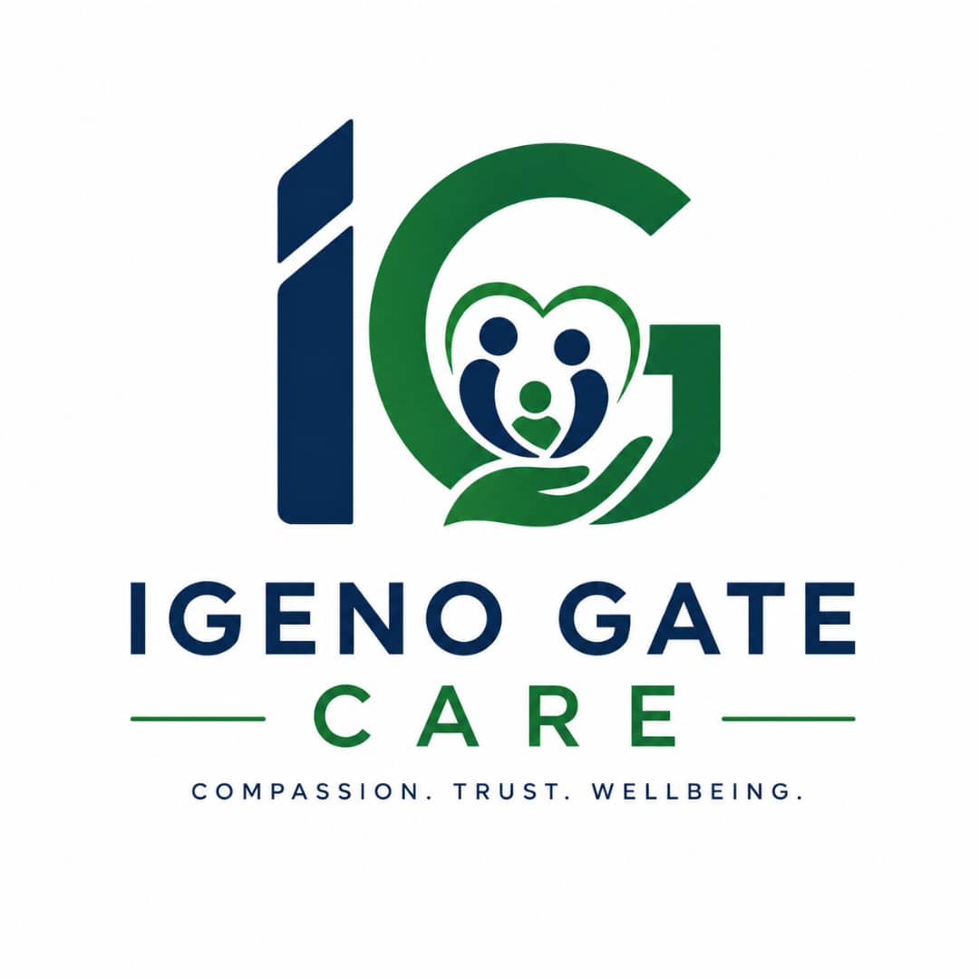 Igeno Gate Care logo featuring a stylized “IG” symbol with a family care icon, and the tagline “Compassion. Trust. Wellbeing.”