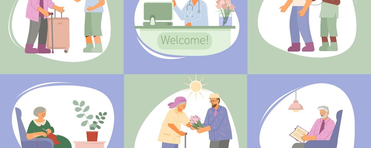 Nursing Home Composition Set Medical care and leisure activities for elderly people at nursing home flat composition set on colored background isolated vector illustration